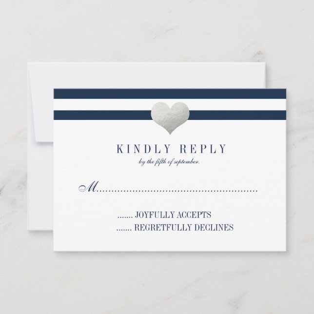 Tarjeta De Confirmación De Asistencia Corazón de Relieve metalizado plateado + Rayas RSV (Anverso)