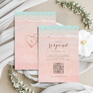 Tarjeta De Confirmación De Asistencia Corazones rosados en la boda de la playa de arena