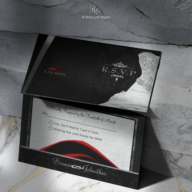 Tarjeta De Confirmación De Asistencia Corbata Negra Diamante (Black Tie Diamond RSVP, featuring tuxedo and gown design with diamond love knot and fleur-de-lis.)