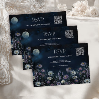 Tarjeta De Confirmación De Asistencia Cósmico de Medianoche Floral Oscuro Boda Código QR