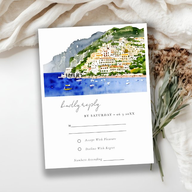 Tarjeta De Confirmación De Asistencia Costa de Amalfi Italia Paisaje Acuarela Boda (Subido por el creador)
