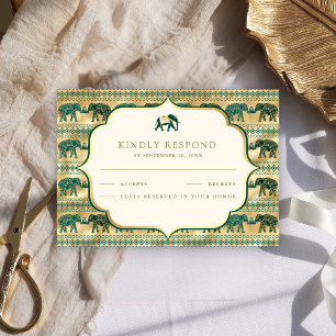 Tarjeta De Confirmación De Asistencia Cream Emerald Green Gold Elephant Boda indio