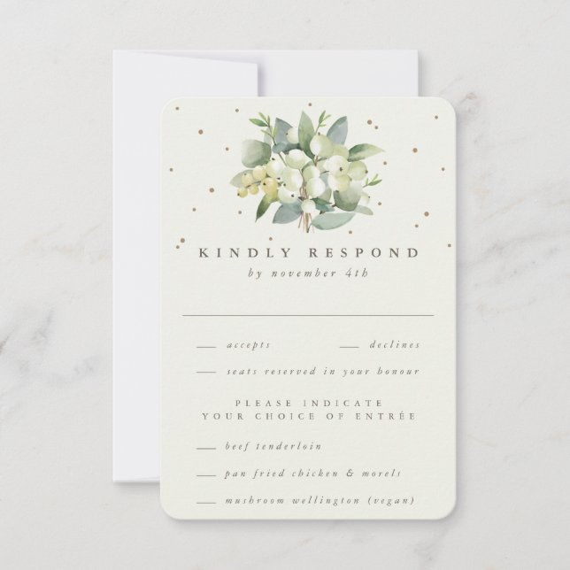 Tarjeta De Confirmación De Asistencia Cream Snowberry+Eucalyptus Bouquet Boda de Inviern (Anverso)