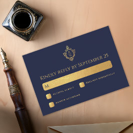 Tarjeta De Confirmación De Asistencia Crest Boda Azul Marino Monograma Falso Oro Elegant