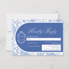 Tarjeta De Confirmación De Asistencia Crest Monogram Delft Blue Floral Script
