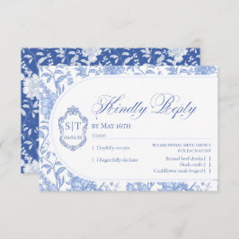 Tarjeta De Confirmación De Asistencia Crest Monogram Delft Blue Floral Script