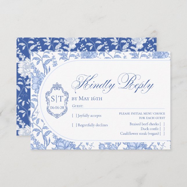 Tarjeta De Confirmación De Asistencia Crest Monogram Delft Blue Floral Script (Anverso / Reverso)