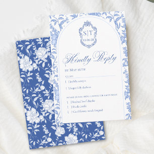 Tarjeta De Confirmación De Asistencia Crest Monograma Delft Azul Floral Script