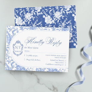 Tarjeta De Confirmación De Asistencia Crest Monograma Delft Azul Floral Script