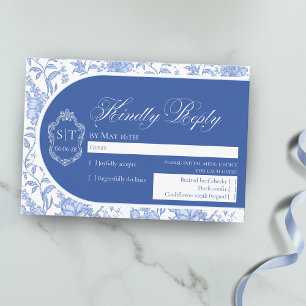 Tarjeta De Confirmación De Asistencia Crest Monograma Delft Azul Floral Script