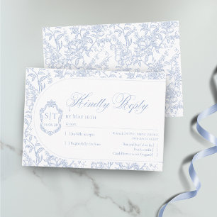 Tarjeta De Confirmación De Asistencia Crest Monograma Floral Azul y Blanco Script