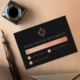 Tarjeta De Confirmación De Asistencia Crest Negro Rosa Dorado Monograma Boda