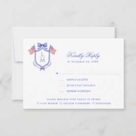 Tarjeta De Confirmación De Asistencia Crest Patriótico con Banderas| Monograma Boda