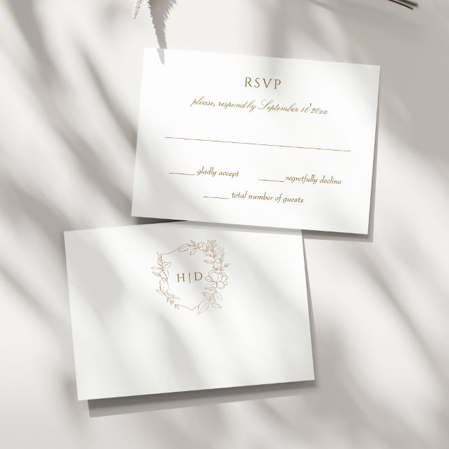 Tarjeta De Confirmación De Asistencia Cresta de boda botánica dorada simple elegante (Wedding crest botanical gold simple elegant minimalist RSVP cards monogram gold and white RSVP)