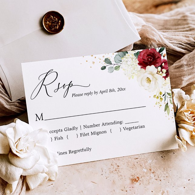 Tarjeta De Confirmación De Asistencia Crimson Red Floral Floral Gold Confetti Boda (Subido por el creador)