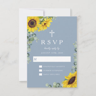 Tarjeta De Confirmación De Asistencia Cruz Religiosa Boda Girasol Azul Polvoriento