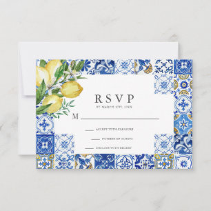 Tarjeta De Confirmación De Asistencia Cubierta azul mediterránea Citrus Lemon Wedding RS