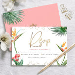 Tarjeta De Confirmación De Asistencia Cubierta tropical Mitzvah Dorado Script Floral acu<br><div class="desc">Estar orgulloso, regocijarse y celebrar este hito de su Bat Mitzvah favorito con esta sofisticada y personalizada tarjeta de inserción RSVP para su evento! Elegantes, impresionantes, coloridas, aves acuáticas tropicales de flores del paraíso, escritura falsa de oro manuscrita, puntos Star of David y purpurinas, junto con sans serif color rosa...</div>