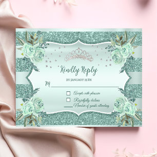 Tarjeta De Confirmación De Asistencia Cumpleaños de Silver Royal Green Quinceanera