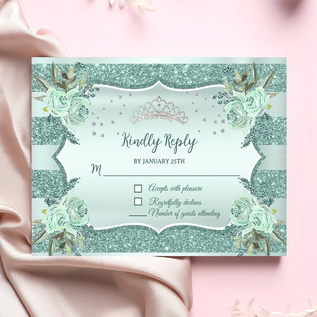 Tarjeta De Confirmación De Asistencia Cumpleaños de Silver Royal Green Quinceanera (Subido por el creador)