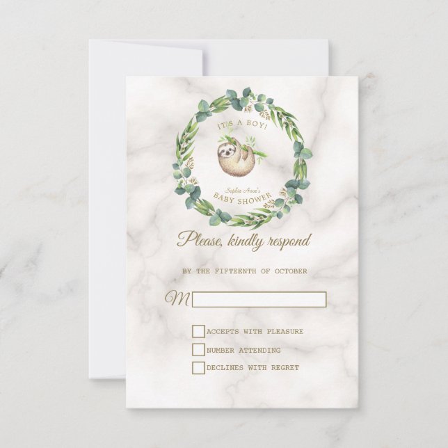 Tarjeta De Confirmación De Asistencia Curte Sloth Eucalyptus Wreath Baby Shower (Anverso)