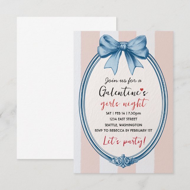 Tarjeta De Confirmación De Asistencia Custom Blue Bow Galentines Party Invitation (Anverso / Reverso)