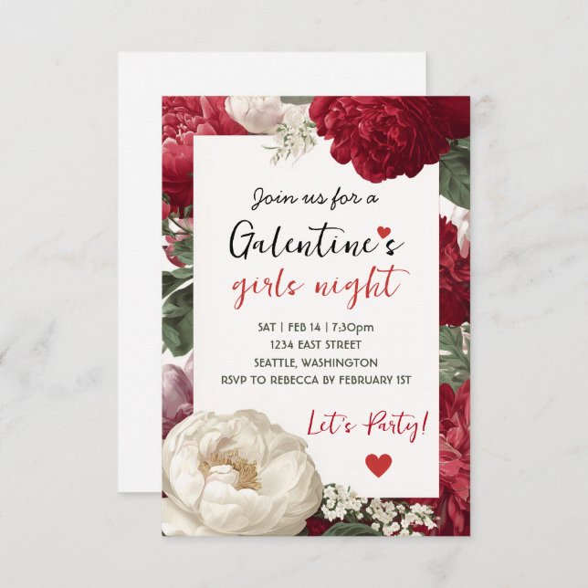 Tarjeta De Confirmación De Asistencia Custom Floral Galentine Girls Night Invitation (Anverso / Reverso)