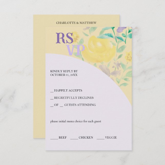 Tarjeta De Confirmación De Asistencia Cute Lilac Amarillo Verde Flora acuática (Anverso / Reverso)