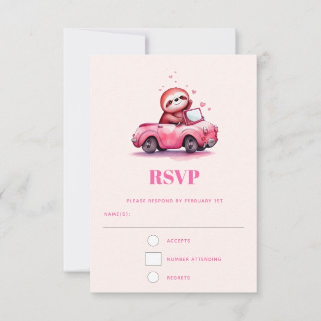 Tarjeta De Confirmación De Asistencia Cute Sloth in a Pink Convertible (Anverso)