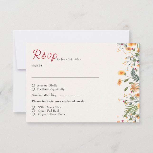 Tarjeta De Confirmación De Asistencia Daffodils Botánicos Daisy Peony Flowers Boda (Anverso)