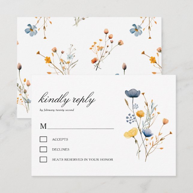 Tarjeta De Confirmación De Asistencia Dainty Wild Flower Florals Rustic Boho Boda (Anverso / Reverso)
