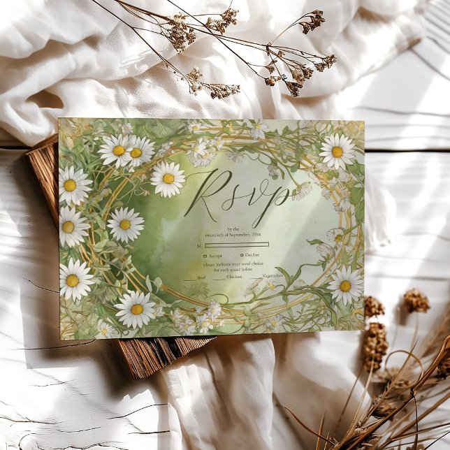 Tarjeta De Confirmación De Asistencia Daisies Art Nouveau Ivory Green Boda (Subido por el creador)