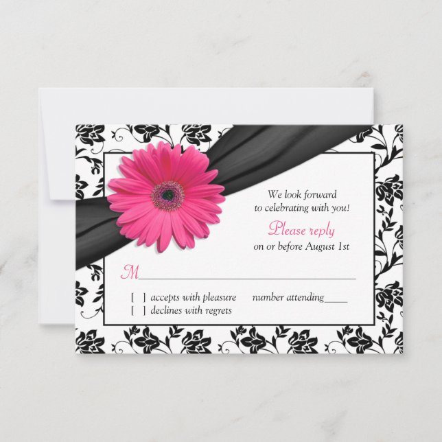 Tarjeta De Confirmación De Asistencia Daisy rosado Negro Blanco Floral Damask Wedding RS (Anverso)