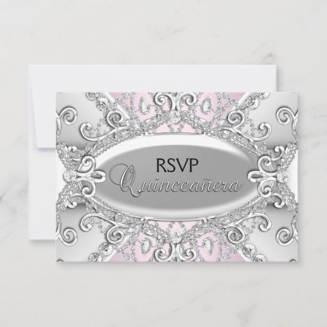 Tarjeta De Confirmación De Asistencia Damasco de diamantes de plata y rosa Quinceanera R (Anverso)