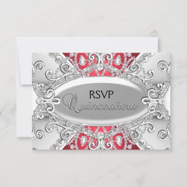Tarjeta De Confirmación De Asistencia Damasco de diamantes plateado y rojo Quinceanera R (Anverso)