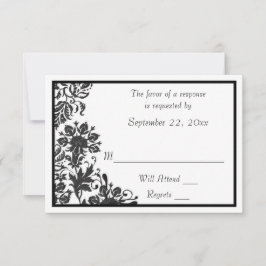 Tarjeta De Confirmación De Asistencia Damasco floral blanco y negro