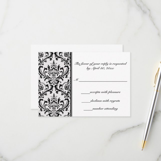 Tarjeta De Confirmación De Asistencia Damasco moderno blanco y negro | BODA (Anverso/Reverso In Situ)
