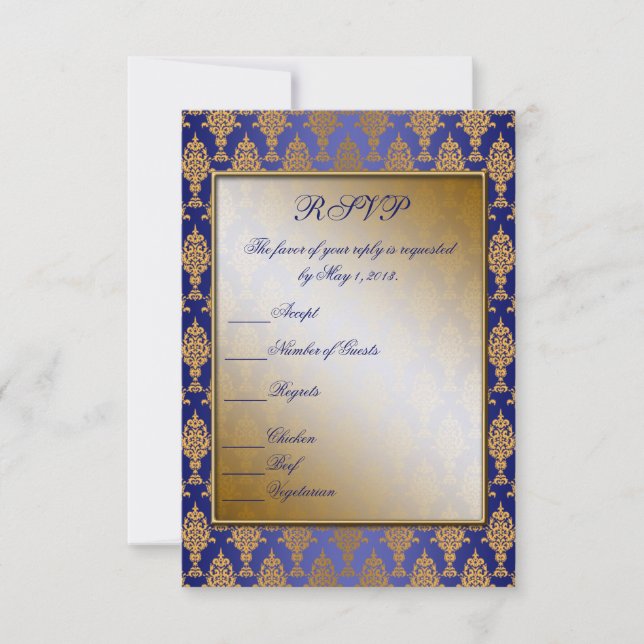 Tarjeta De Confirmación De Asistencia Damask Gold sobre el Royal Blue Shine (Anverso)