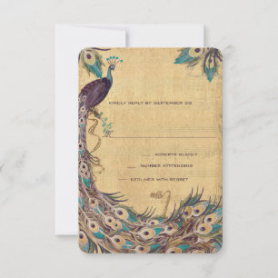Tarjeta De Confirmación De Asistencia Damask Peacock Elegance Eggplant Gold y Aqua