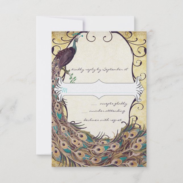 Tarjeta De Confirmación De Asistencia Damask Peacock Elegance Eggplant Gold y Aqua (Anverso)