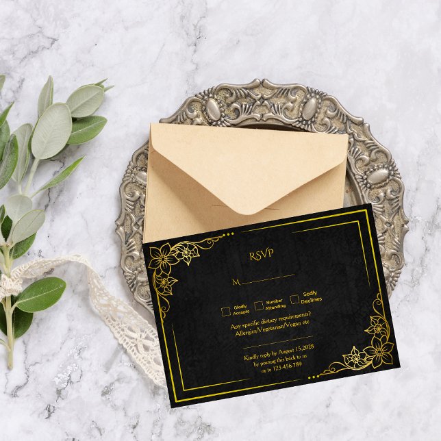 Tarjeta De Confirmación De Asistencia Dark Academia Gothic Black Gold Elegant Wedding (Subido por el creador)