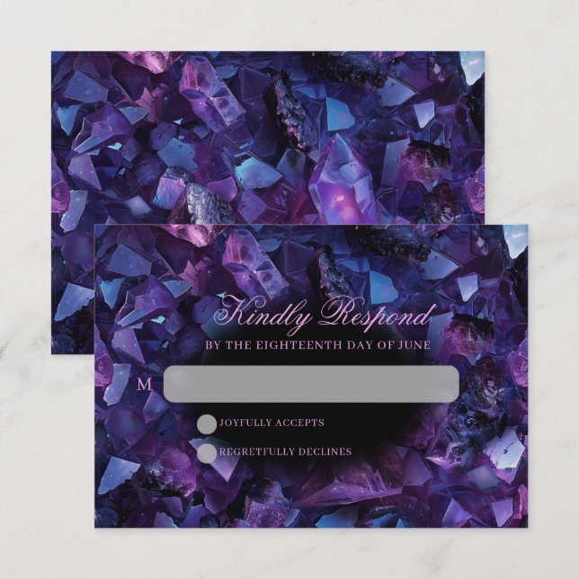 Tarjeta De Confirmación De Asistencia Dark Amethyst Boho Crystals Black Boda (Anverso / Reverso)