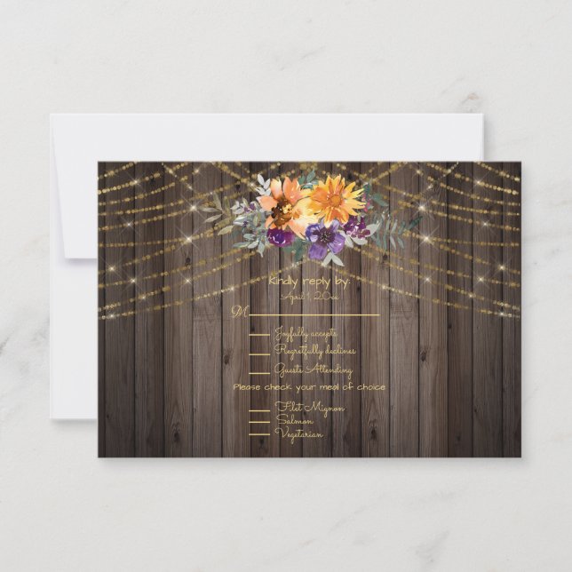 Tarjeta De Confirmación De Asistencia Dark Brown Barnboard String Lights Sunflowers (Anverso)