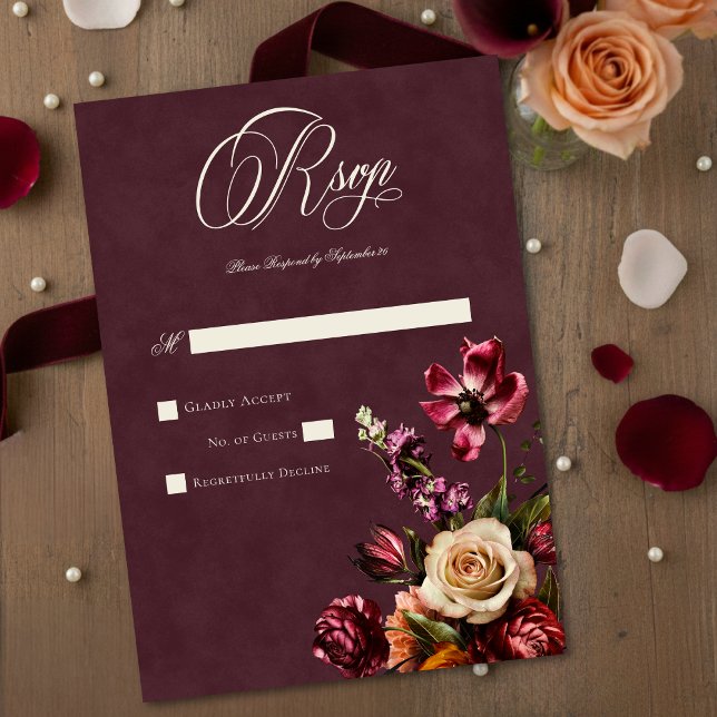 Tarjeta De Confirmación De Asistencia Dark Elegant Autumn Floral Burgundy Wedding (Subido por el creador)