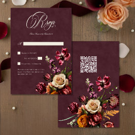 Tarjeta De Confirmación De Asistencia Dark Elegant Autumn Floral Burgundy Wedding QR