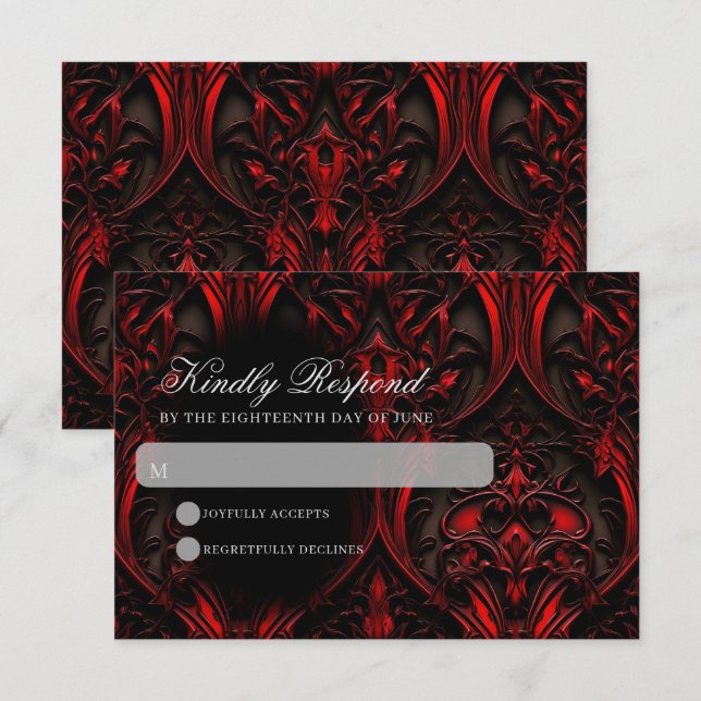 Tarjeta De Confirmación De Asistencia Dark Elegant Red & Black Gothic Damask Wedding (Anverso / Reverso)