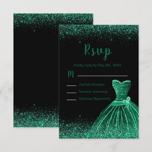 Tarjeta De Confirmación De Asistencia Dark Green Dress Faux Glitter Quinceanera (Anverso / Reverso)