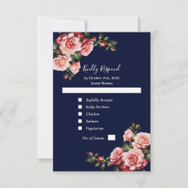 Tarjeta De Confirmación De Asistencia Dark moody pink and red roses navy blue wedding