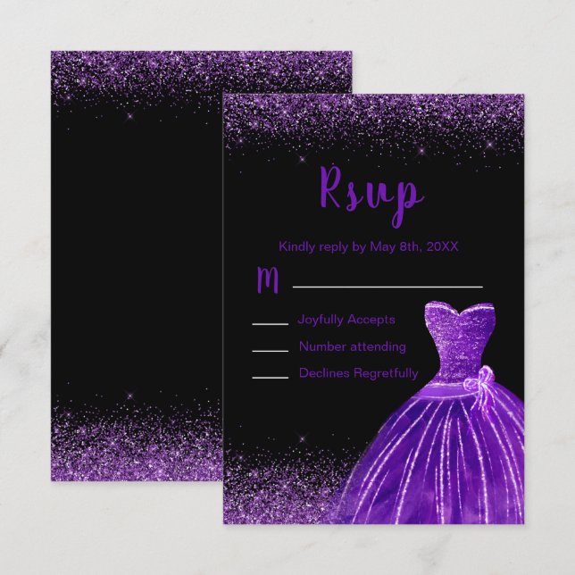 Tarjeta De Confirmación De Asistencia Dark Purple Dress Faux Glitter Quinceanera (Anverso / Reverso)