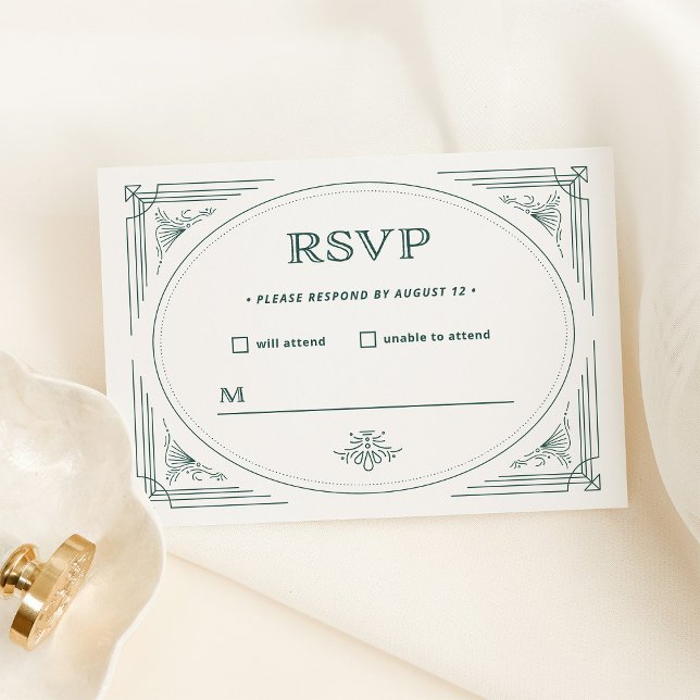 Tarjeta De Confirmación De Asistencia Deco moderno | Boda blanco y verde plateado claro (An elegant, very light silver/white rsvp card with green accents for your holiday wedding)